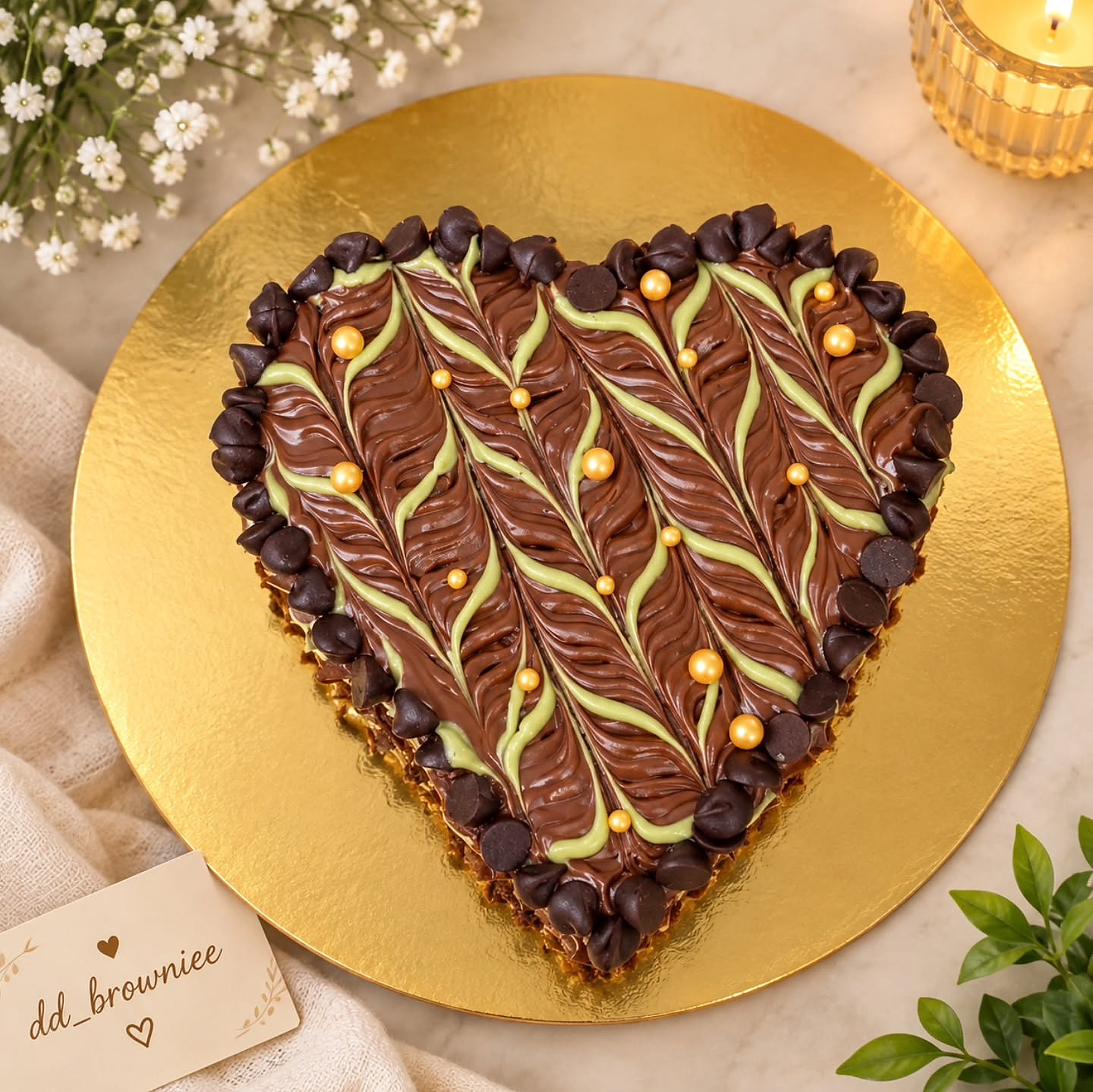 Heart-shaped chocolate brownie with a white chocolate drizzle